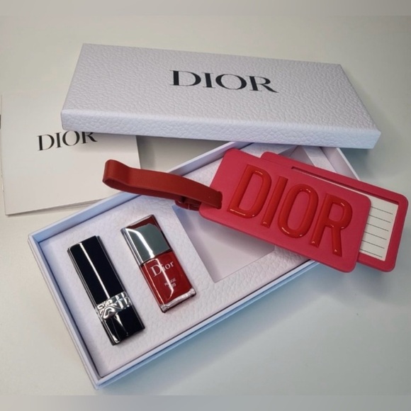 DIOR 999 Red Lipstick, Nail Polish, Luggage Tag/Mirror set in Box - Picture 2 of 12